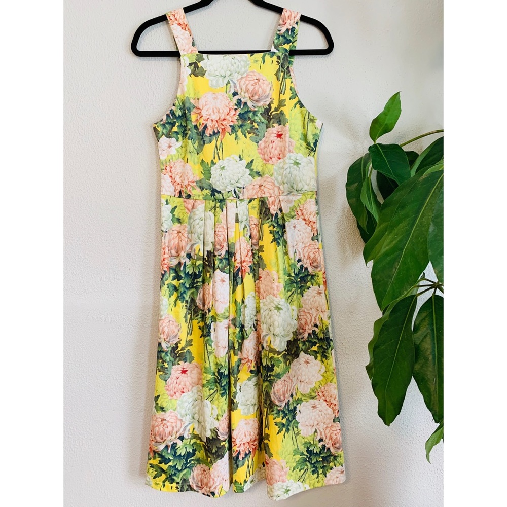Yellow Floral Pleated Midi Dress